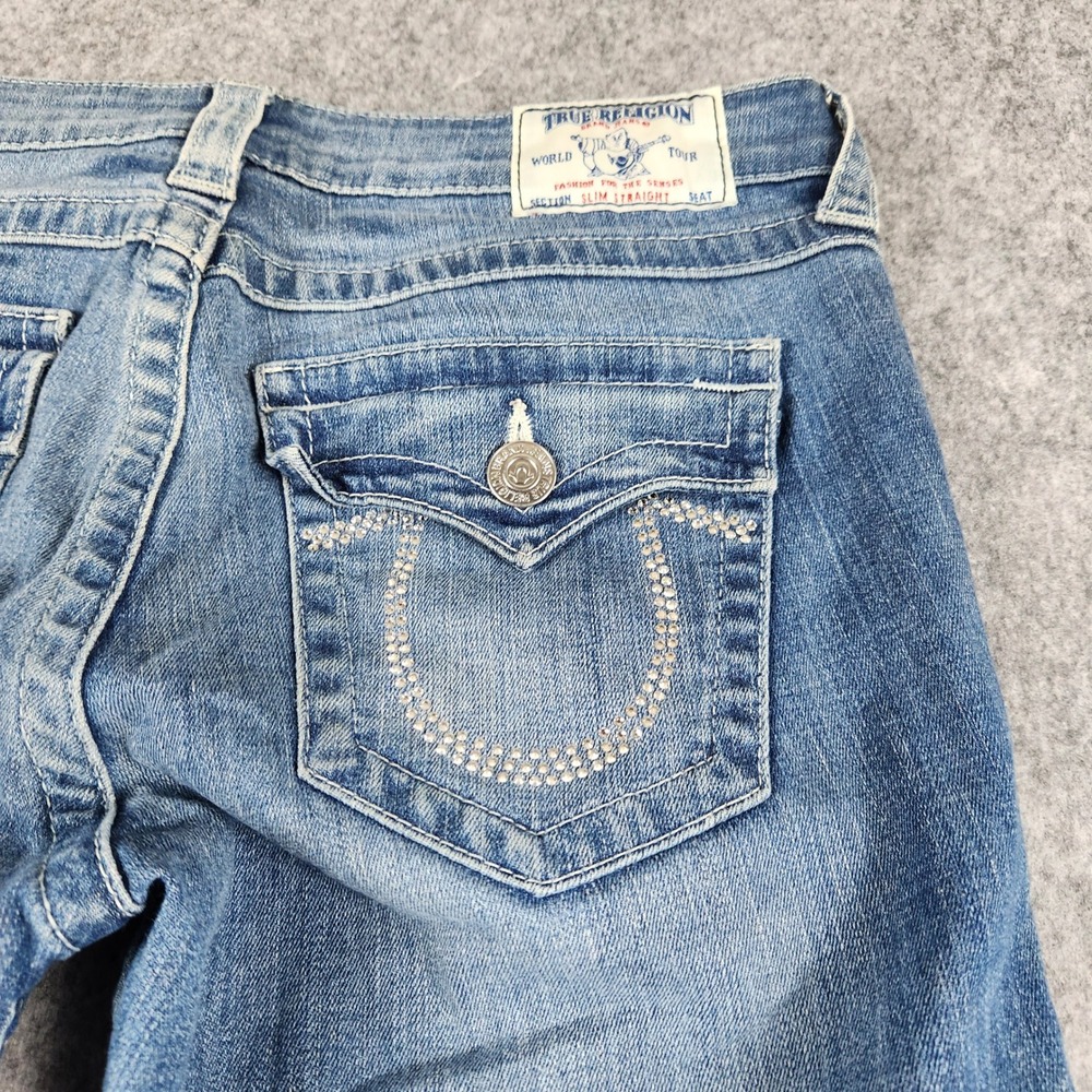 True Religion Slim Straight Jeans Women 31x28 Blue Rhinestone Flap Y2K Denim